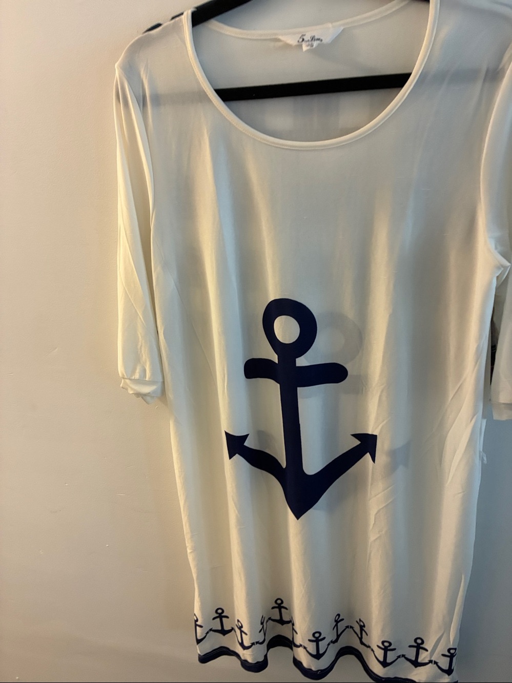Nautical Anchor Stretchy Cream Dress Navy Accents 3/4 Sleeves M Worn 1x Sz M